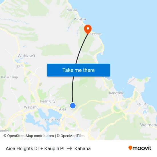 Aiea Heights Dr + Kaupili Pl to Kahana map