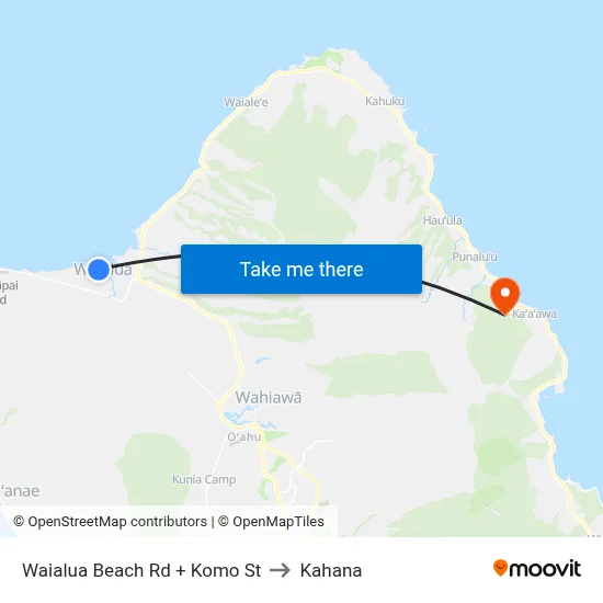 Waialua Beach Rd + Komo St to Kahana map