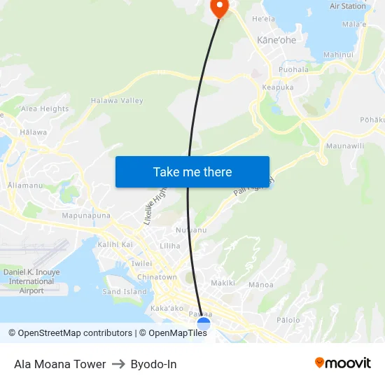 Ala Moana Tower to Byodo-In map