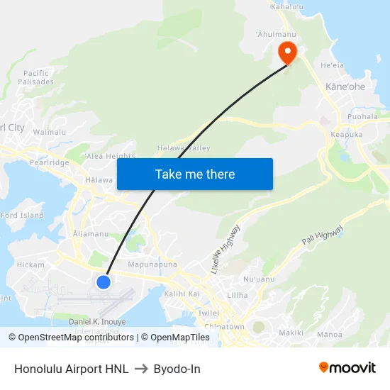 Honolulu Airport HNL to Byodo-In map