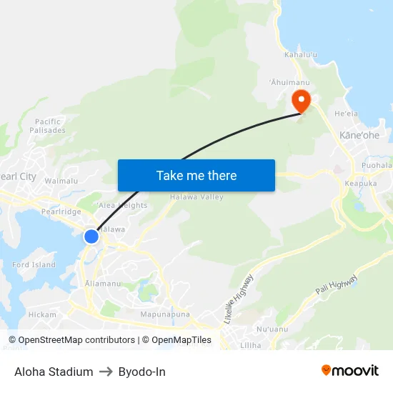Aloha Stadium to Byodo-In map