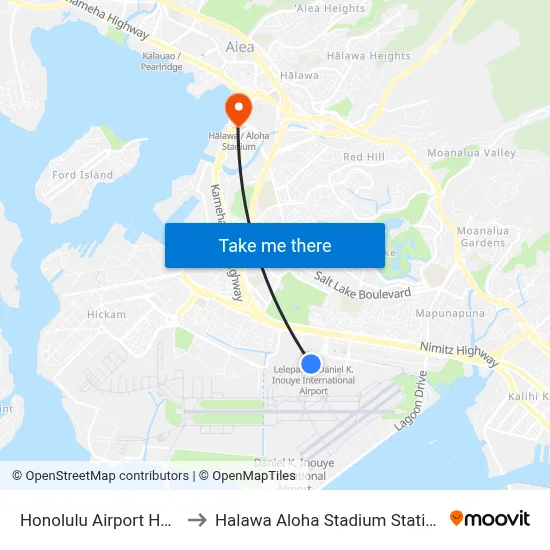Honolulu Airport HNL to Halawa Aloha Stadium Station map