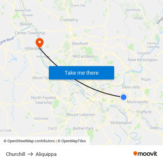 Churchill to Aliquippa map
