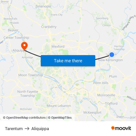 Tarentum to Aliquippa map