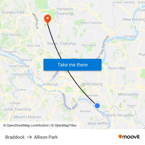 Braddock to Allison Park map