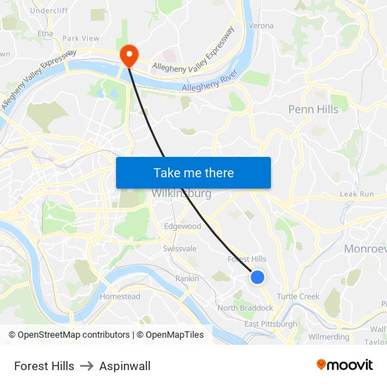 Forest Hills to Aspinwall map