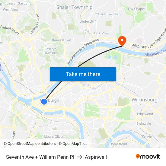 Seventh Ave + William Penn Pl to Aspinwall map