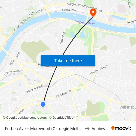 Forbes Ave + Morewood (Carnegie Mellon) to Aspinwall map