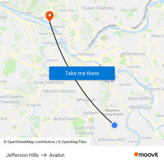 Jefferson Hills to Avalon map