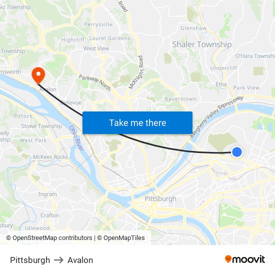 Pittsburgh to Avalon map