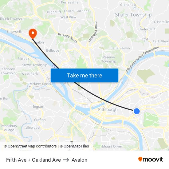 Fifth Ave + Oakland Ave to Avalon map