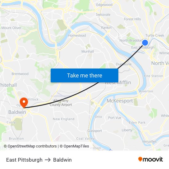 East Pittsburgh to Baldwin map