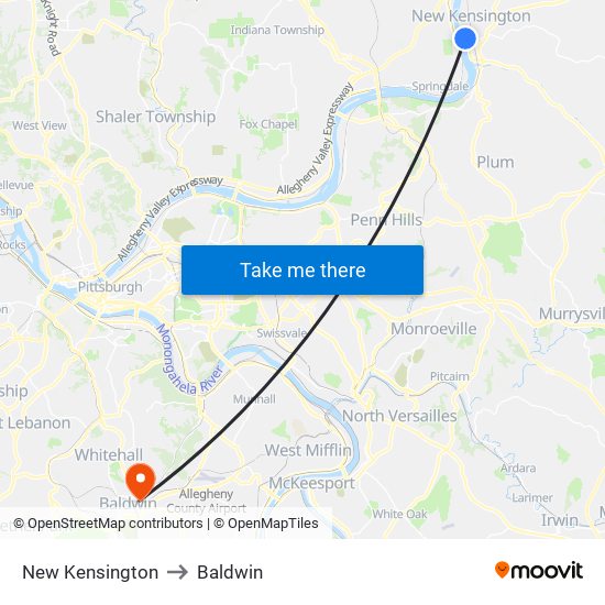 New Kensington to Baldwin map