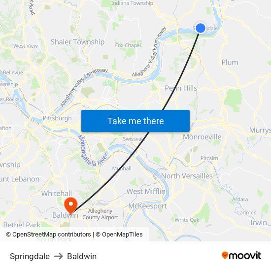 Springdale to Baldwin map