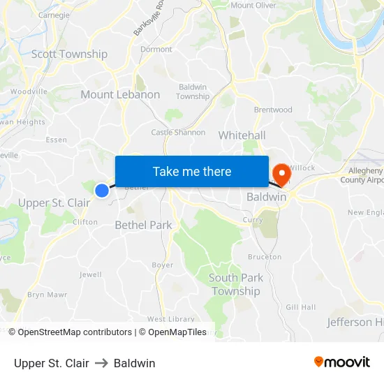 Upper St. Clair to Baldwin map