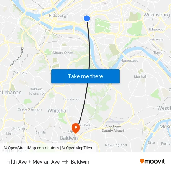 Fifth Ave + Meyran Ave to Baldwin map