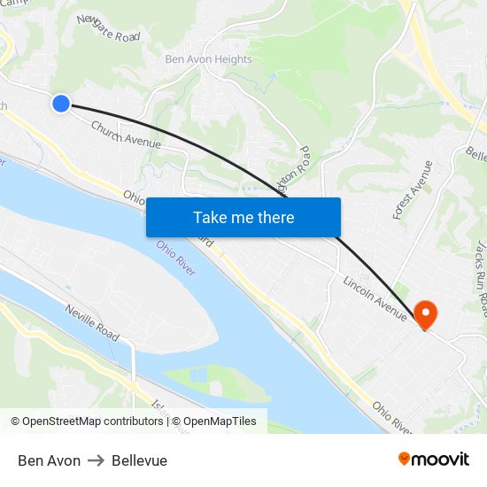 Ben Avon to Bellevue map
