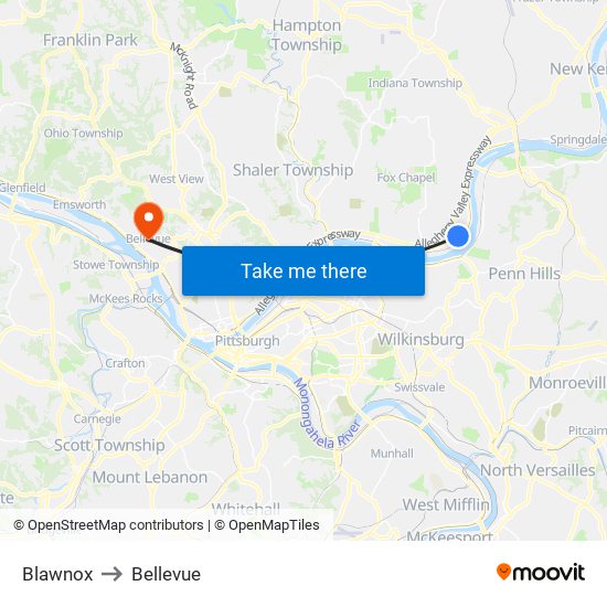 Blawnox to Bellevue map