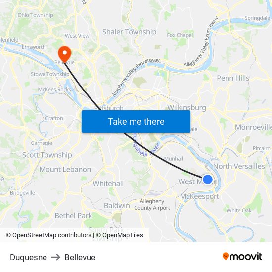 Duquesne to Bellevue map