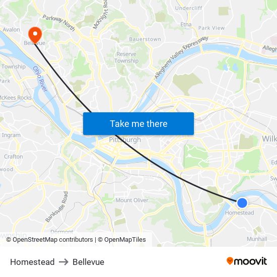 Homestead to Bellevue map