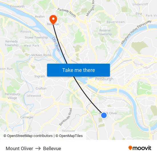 Mount Oliver to Bellevue map
