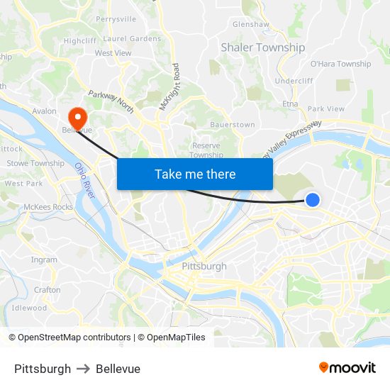 Pittsburgh to Bellevue map