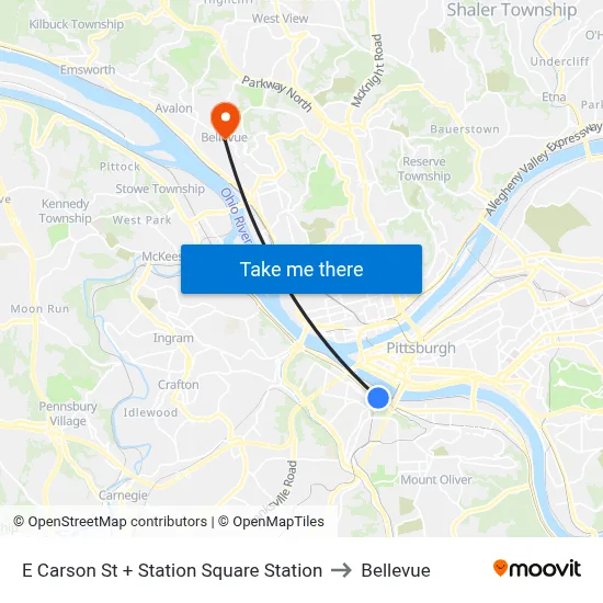 E Carson St + Station Square Station to Bellevue map