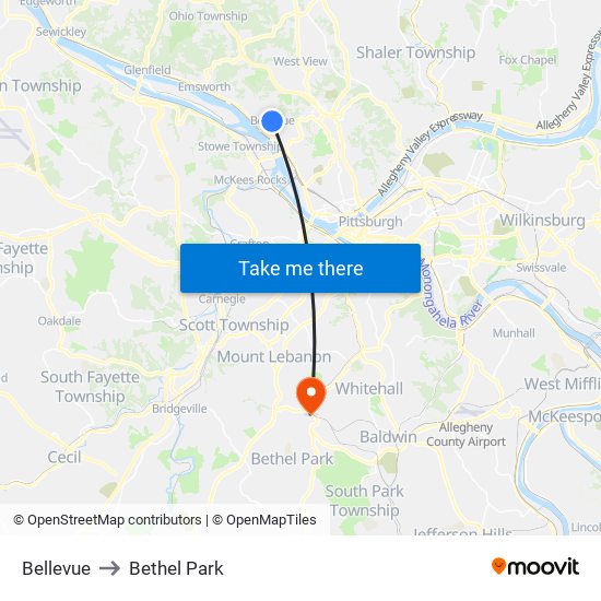 Bellevue to Bethel Park map