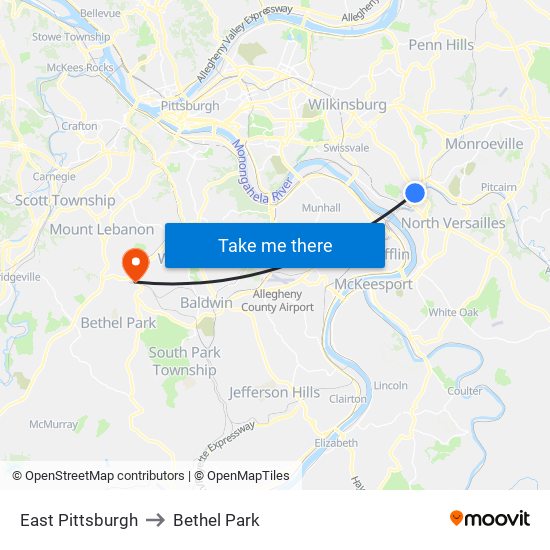 East Pittsburgh to Bethel Park map