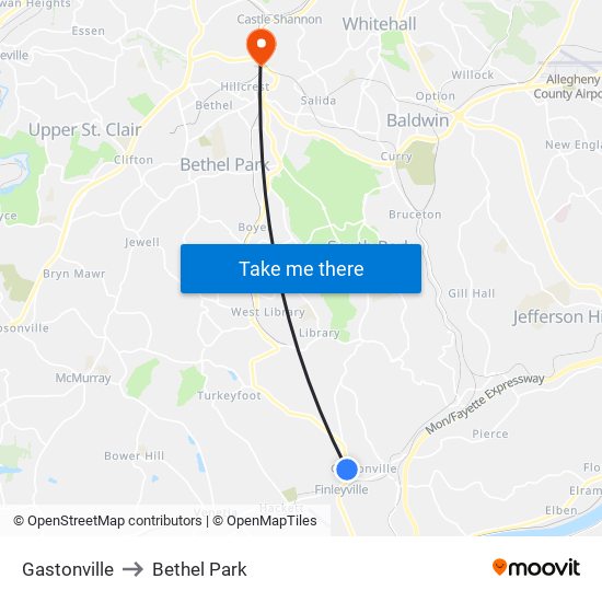 Gastonville to Bethel Park map