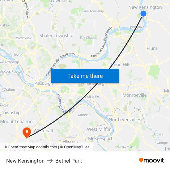 New Kensington to Bethel Park map