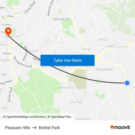 Pleasant Hills to Bethel Park map