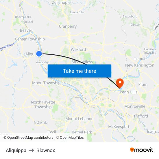 Aliquippa to Blawnox map