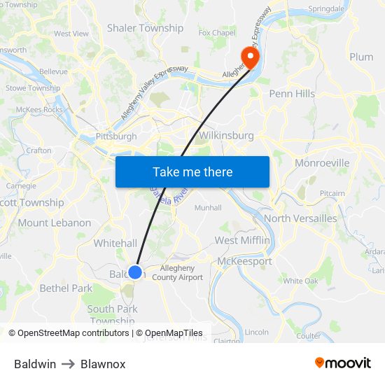 Baldwin to Blawnox map