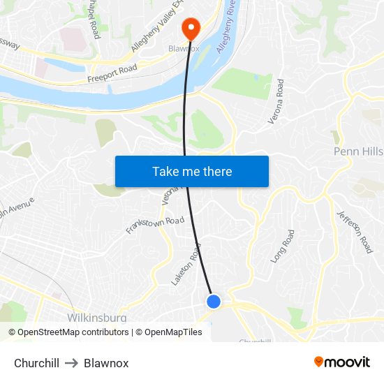 Churchill to Blawnox map