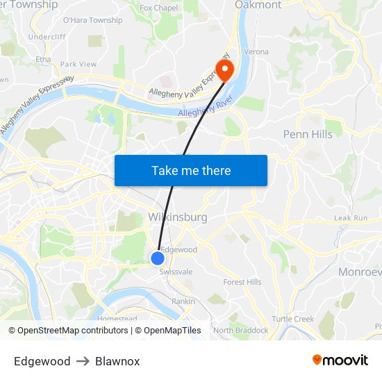 Edgewood to Blawnox map