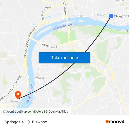 Springdale to Blawnox map