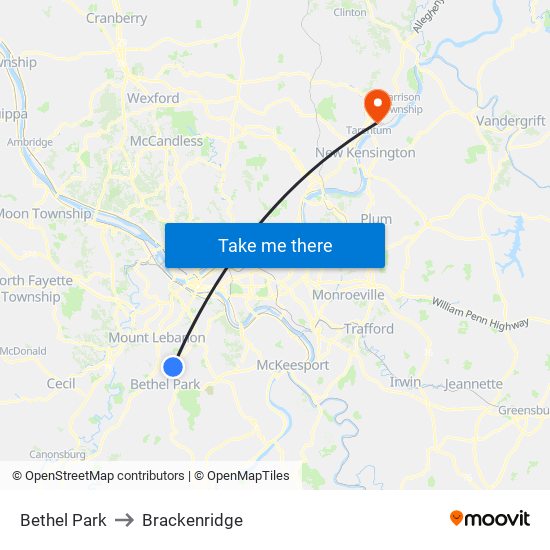 Bethel Park to Brackenridge map