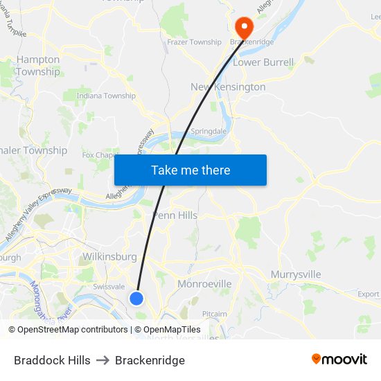 Braddock Hills to Brackenridge map