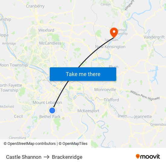 Castle Shannon to Brackenridge map