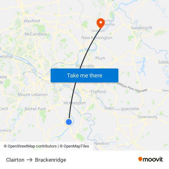Clairton to Brackenridge map