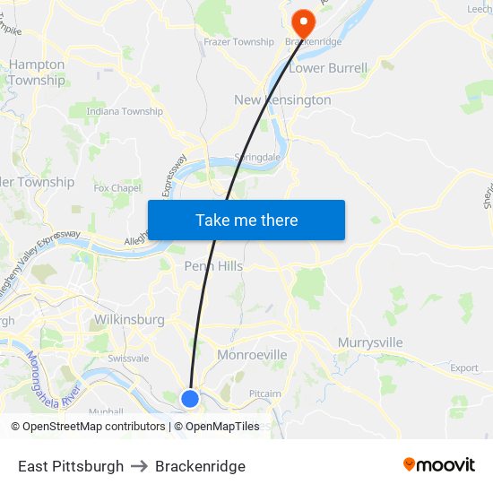 East Pittsburgh to Brackenridge map