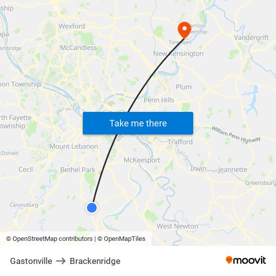 Gastonville to Brackenridge map