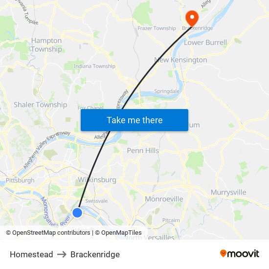 Homestead to Brackenridge map