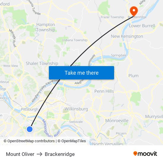 Mount Oliver to Brackenridge map