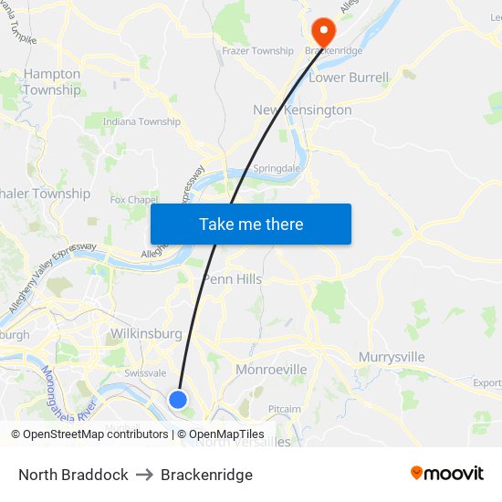 North Braddock to Brackenridge map