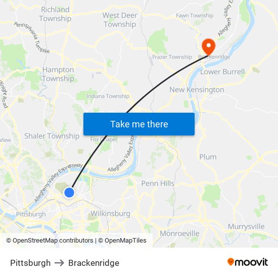 Pittsburgh to Brackenridge map