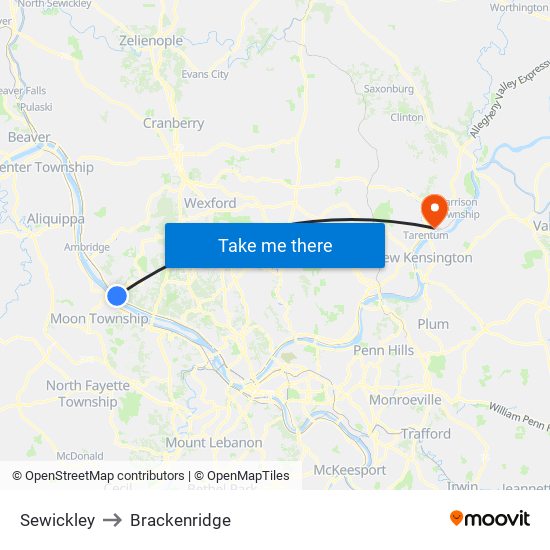 Sewickley to Brackenridge map