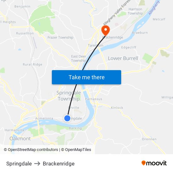 Springdale to Brackenridge map