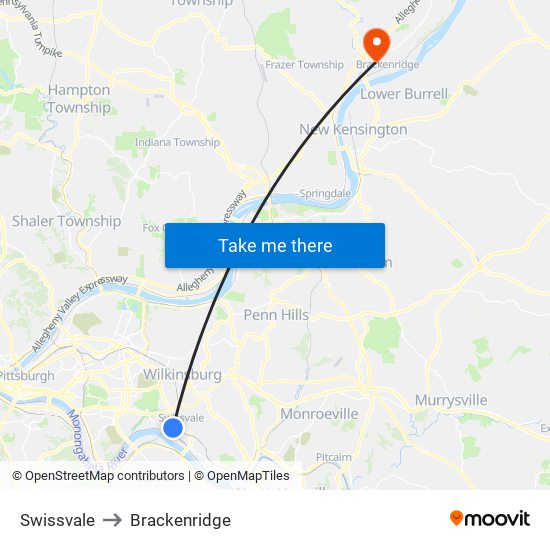 Swissvale to Brackenridge map